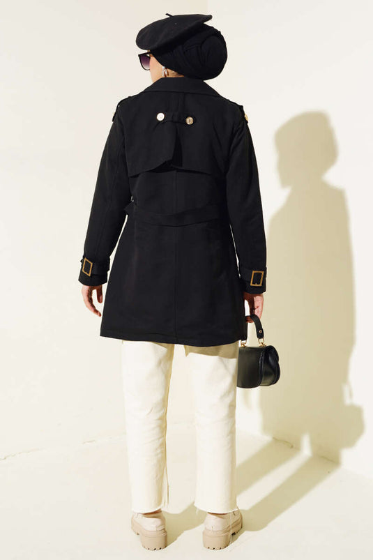 Korte trenchcoat met schouderepauletten zwart