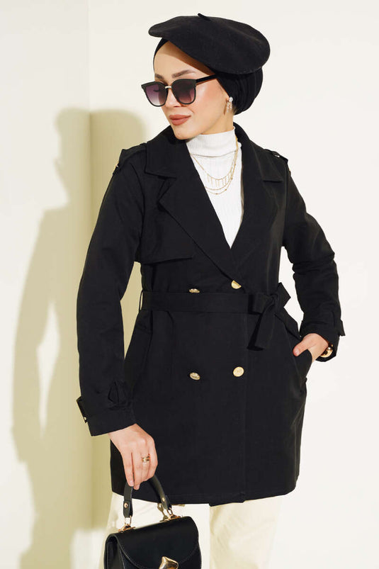 Omuz Apoletli Kısa Trençkot Siyah