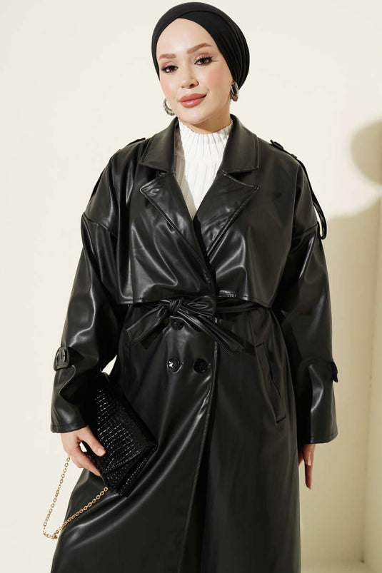 Schouder Epaulet Wrap Lederen Trenchcoat Zwart