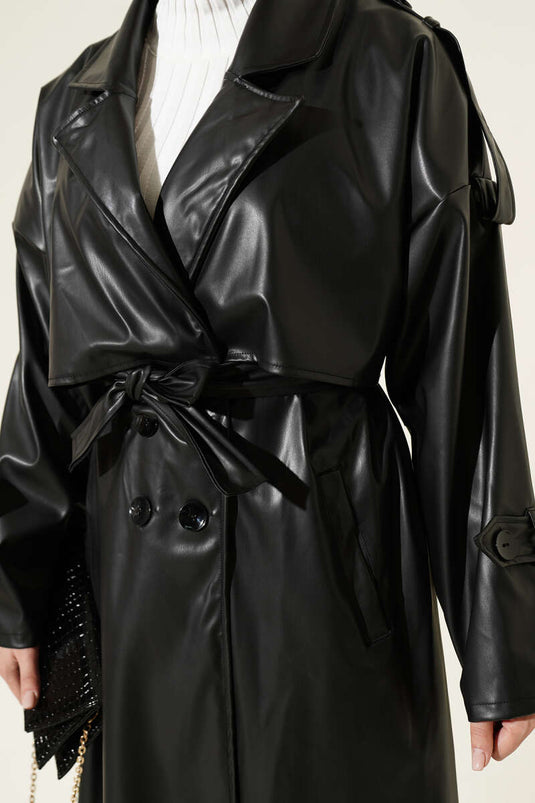 Schouder Epaulet Wrap Lederen Trenchcoat Zwart
