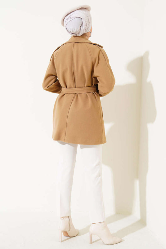 Shoulder Epaulette Belted Short Wool Coat Latte