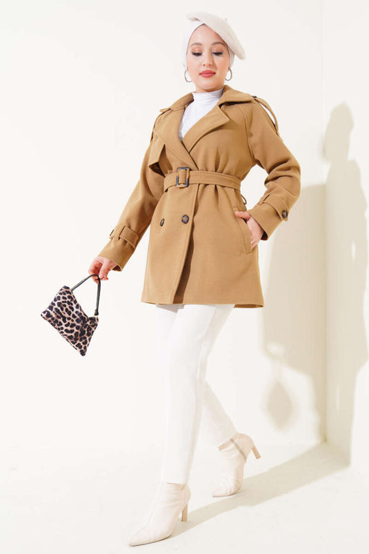 Shoulder Epaulette Belted Short Wool Coat Latte