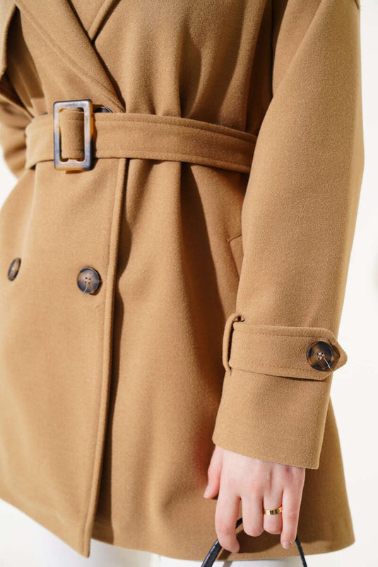 Shoulder Epaulette Belted Short Wool Coat Latte