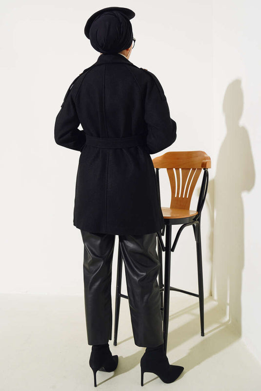 Shoulder Epaulette Belted Short Wool Coat Black