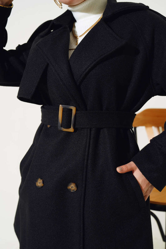 Shoulder Epaulette Belted Short Wool Coat Black