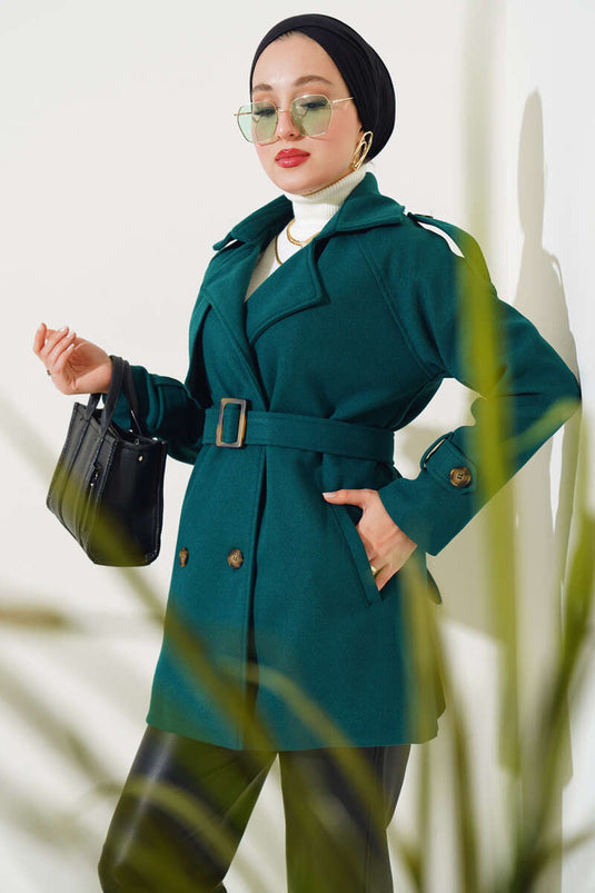 Manteau avec épaulettes et manchettes courtes ceinturées Émeraude