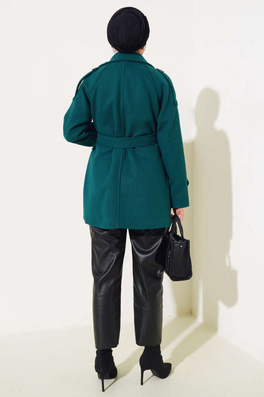 Manteau avec épaulettes et manchettes courtes ceinturées Émeraude