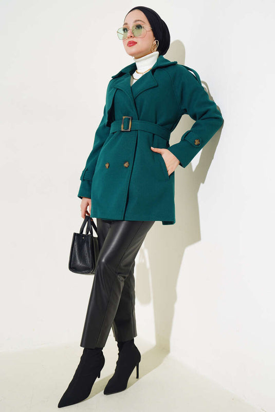 Manteau avec épaulettes et manchettes courtes ceinturées Émeraude