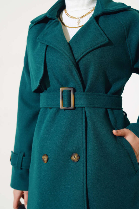 Manteau avec épaulettes et manchettes courtes ceinturées Émeraude