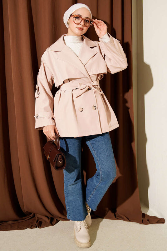 معطف ترنش بحزام مع كتاف، بيج