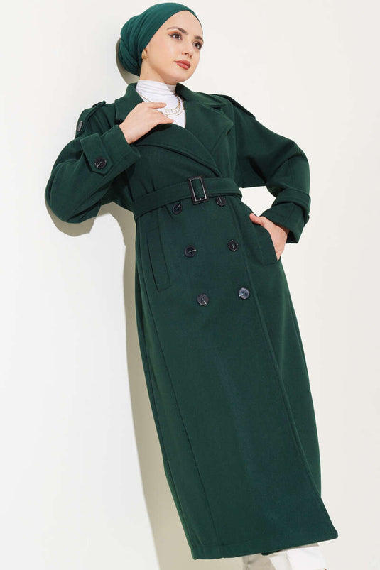 Shoulder Epaulette Long Cashmere Coat Emerald