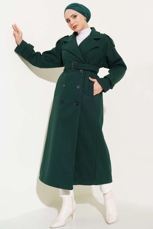 Shoulder Epaulette Long Cashmere Coat Emerald