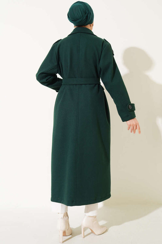 Shoulder Epaulette Long Cashmere Coat Emerald