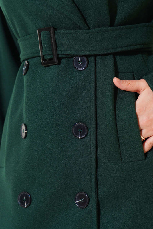 Shoulder Epaulette Long Cashmere Coat Emerald