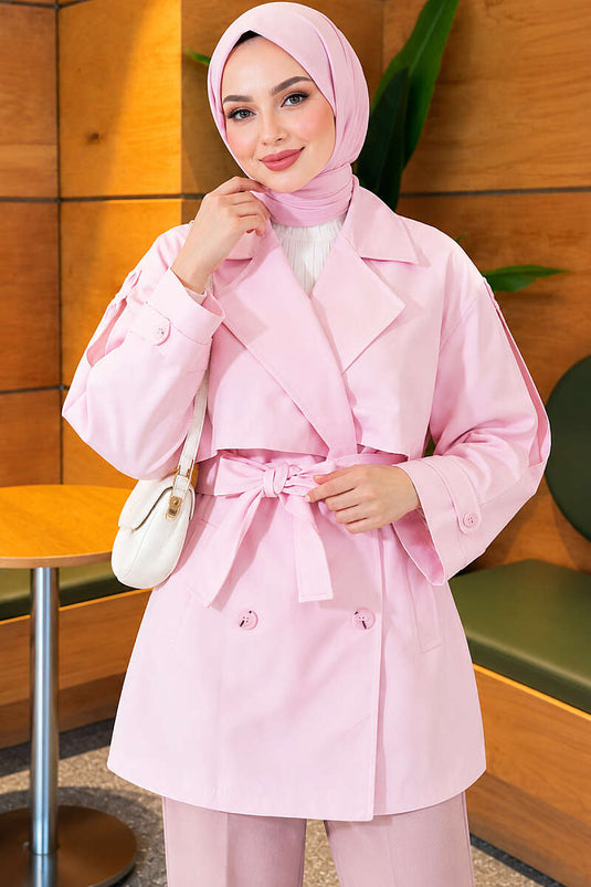 Omuz Apoletli Pelerinli Kısa Trençkot Pembe