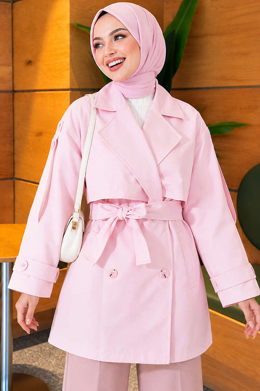 Omuz Apoletli Pelerinli Kısa Trençkot Pembe