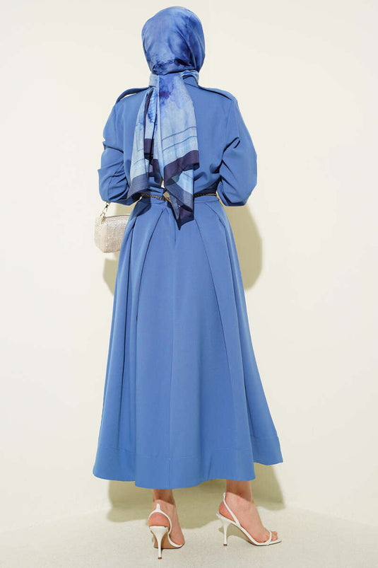 Two-Piece Set with Shoulder Epaulets and Pleated Skirt Blue
