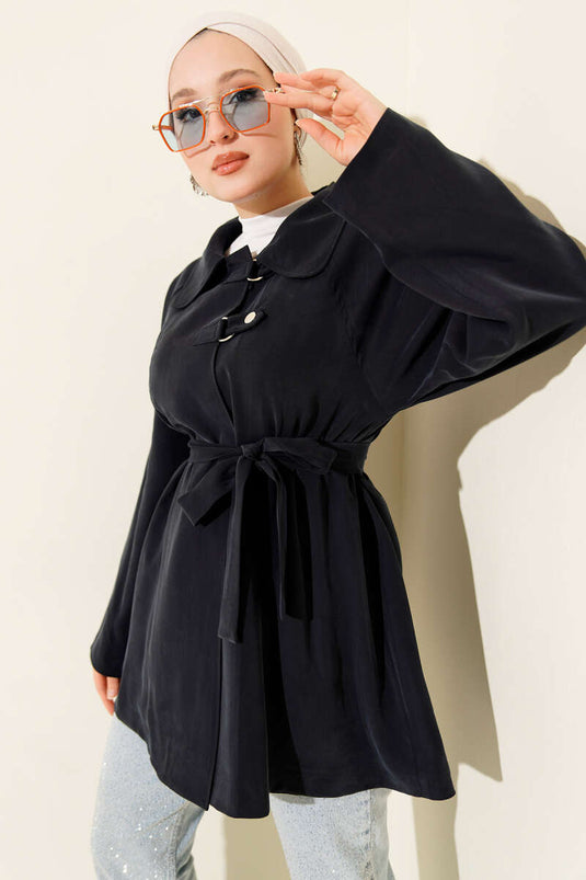 Tencel Trench Coat with Shoulder Epaulets Navy Blue