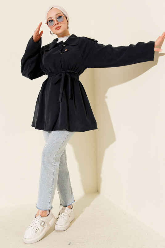 Trench-coat Tencel bleu marine avec épaulettes