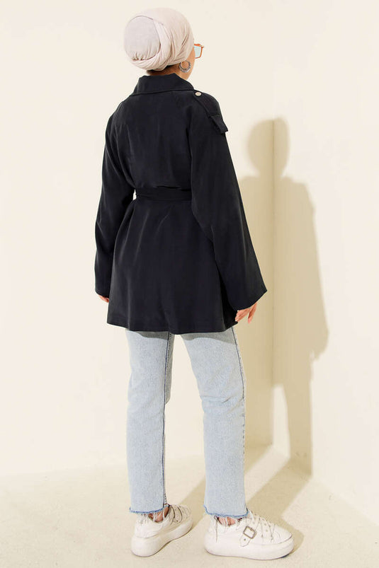 Trench-coat Tencel bleu marine avec épaulettes