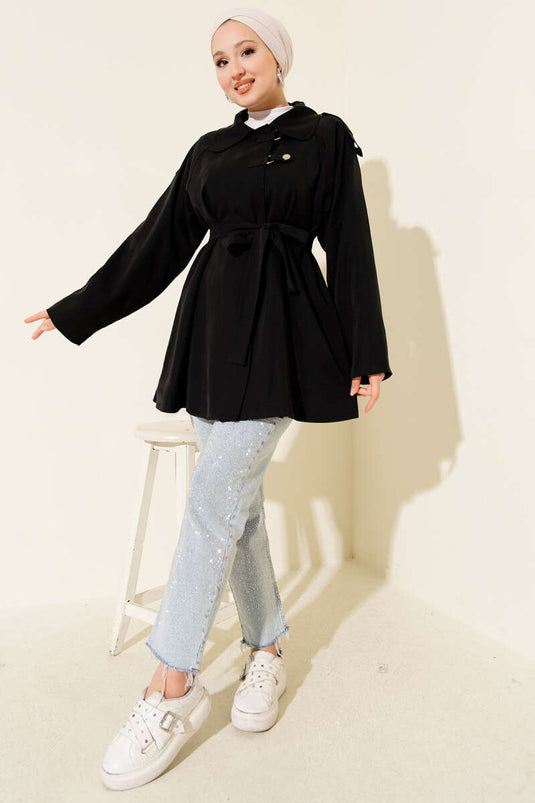 Trench-coat Tencel noir avec épaulettes