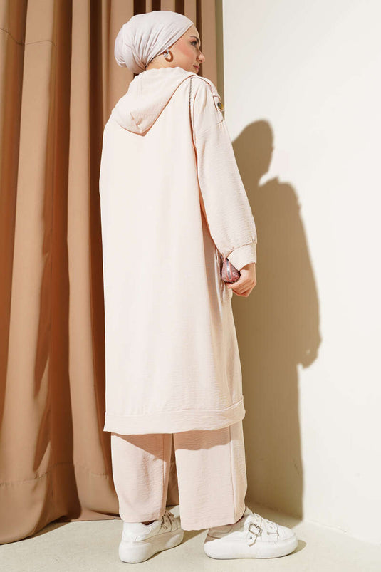 Ayrobin Two Piece Suit with Shoulder Epaulets and Long Cardigan Beige