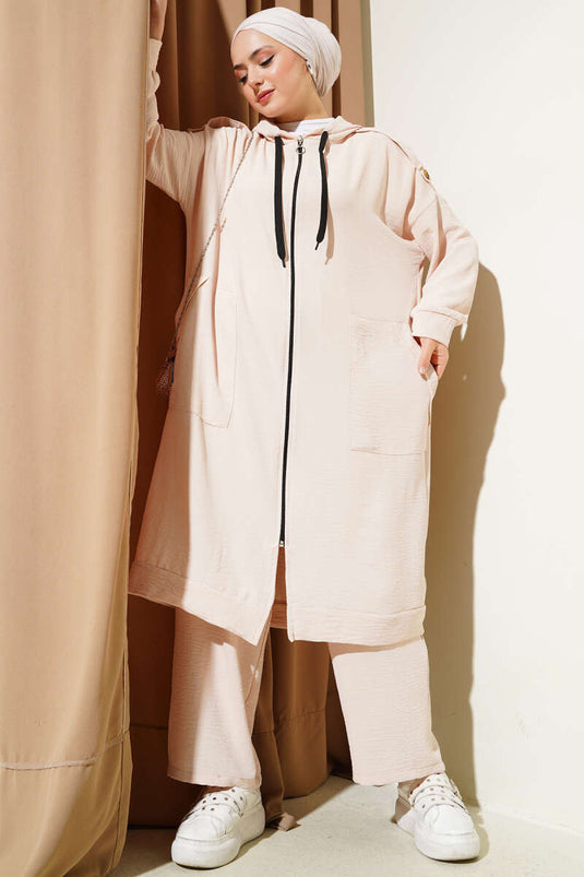 Ayrobin Two Piece Suit with Shoulder Epaulets and Long Cardigan Beige