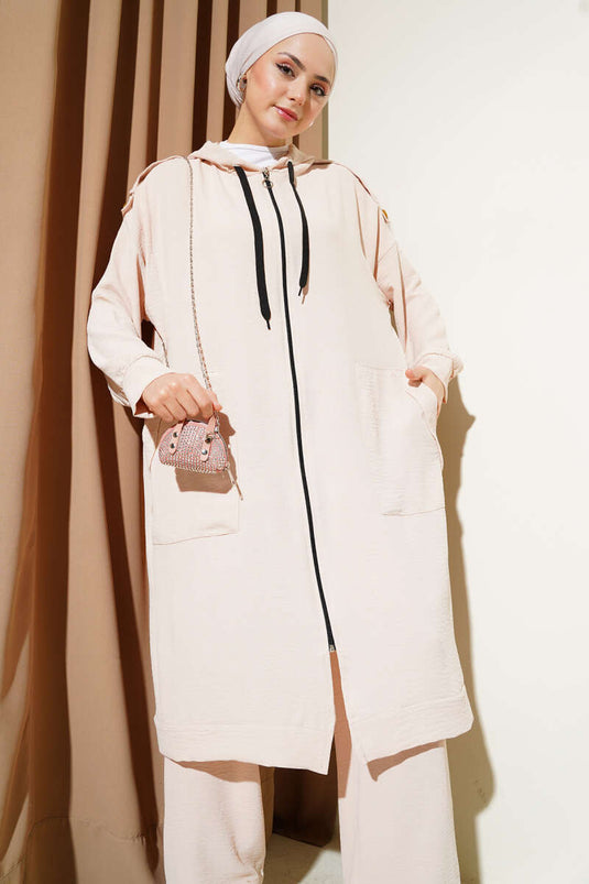 Ayrobin Two Piece Suit with Shoulder Epaulets and Long Cardigan Beige