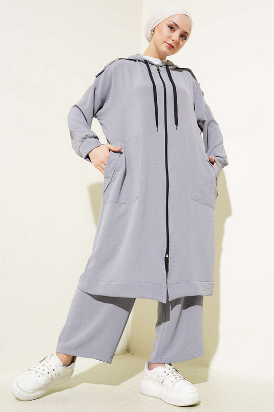 Cardigan long à épaulettes et costume deux pièces Ayrobin gris