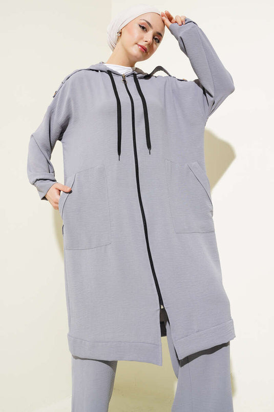 Cardigan long à épaulettes et costume deux pièces Ayrobin gris