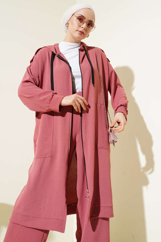 Costume double Ayrobin avec épaulettes et long cardigan, vieux rose