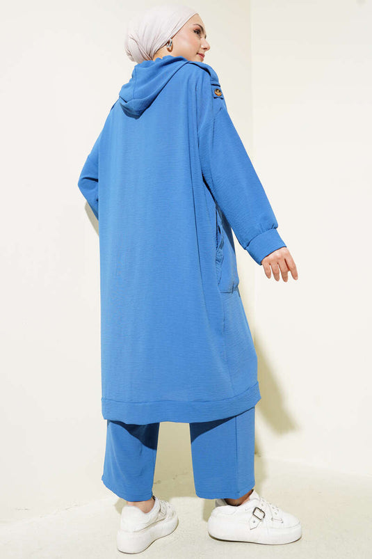 Costume double Ayrobin avec épaulettes et long cardigan indigo