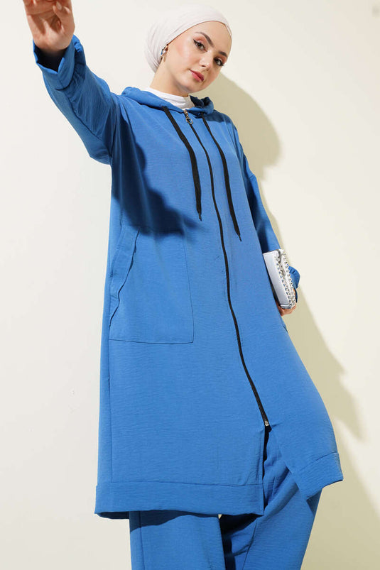 Costume double Ayrobin avec épaulettes et long cardigan indigo