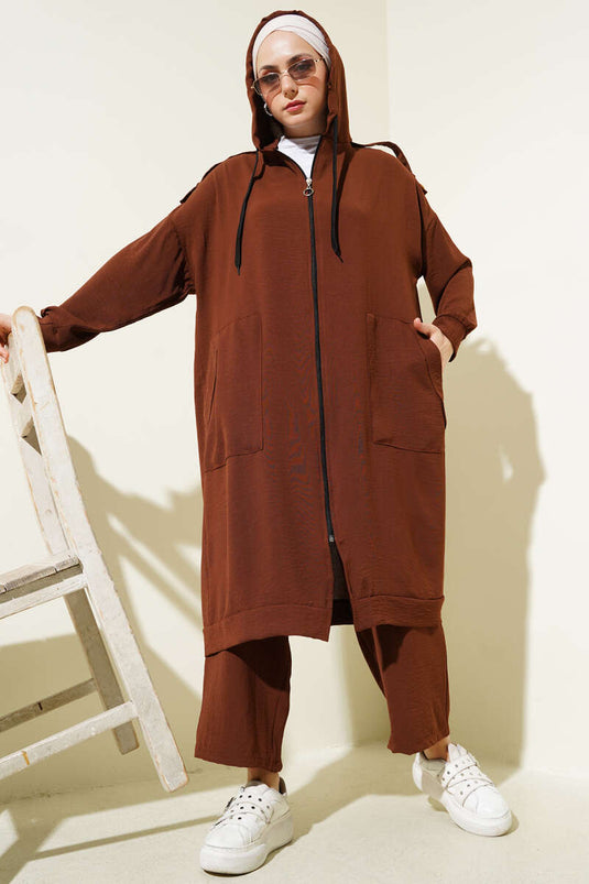 Cardigan long à épaulettes et costume deux pièces Ayrobin marron