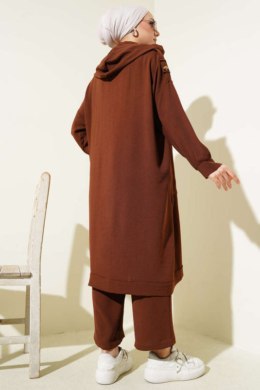 Cardigan long à épaulettes et costume deux pièces Ayrobin marron