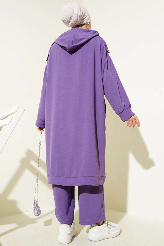 Ayrobin Two Piece Suit with Shoulder Epaulets and Long Cardigan Lilac