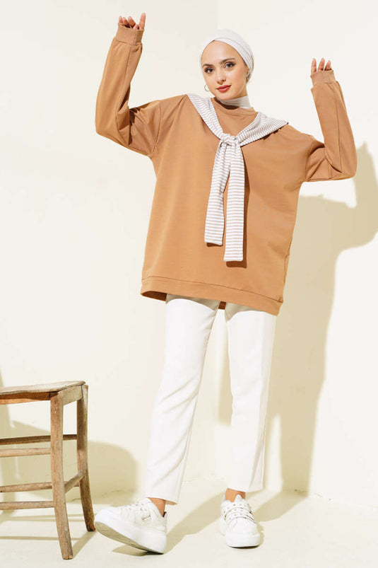 Schultertuch-Look Tunika Latte