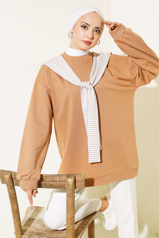 Schultertuch-Look Tunika Latte