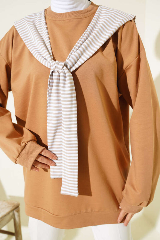 Schultertuch-Look Tunika Latte