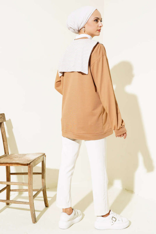 Schultertuch-Look Tunika Latte