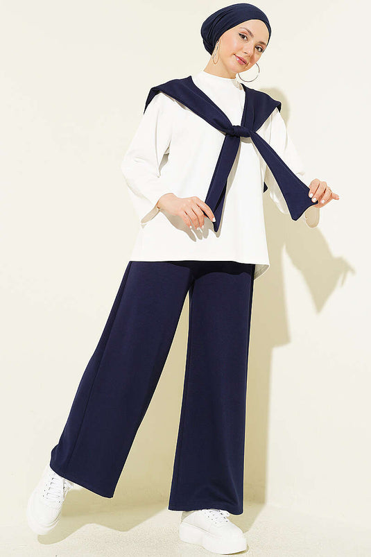 Ensemble basique deux pièces avec écharpe d'épaule bleu marine