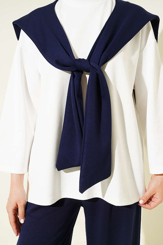 Ensemble basique deux pièces avec écharpe d'épaule bleu marine