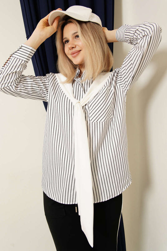 Shoulder Scarf Striped Shirt White