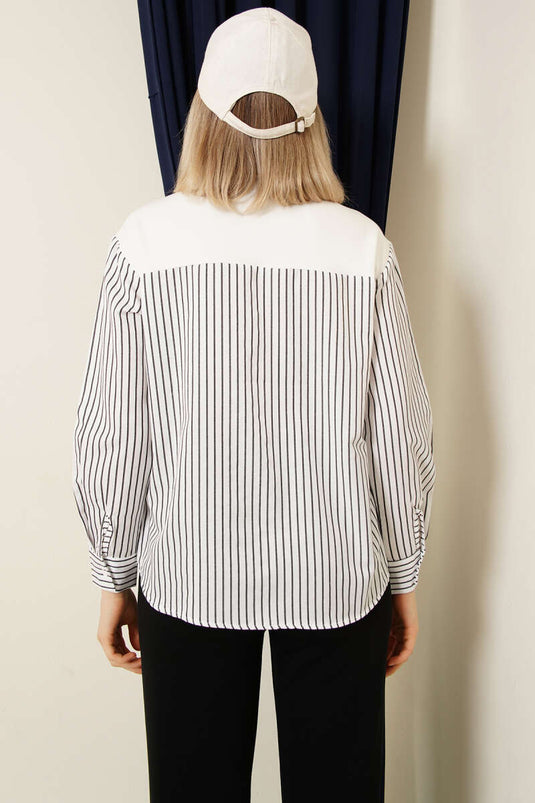 Shoulder Scarf Striped Shirt White