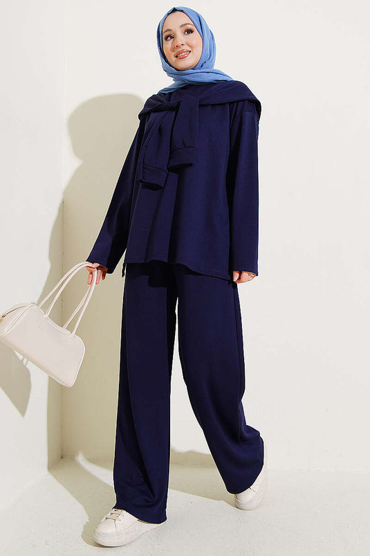 Ensemble double Loyşa avec écharpe à épaulettes bleu marine