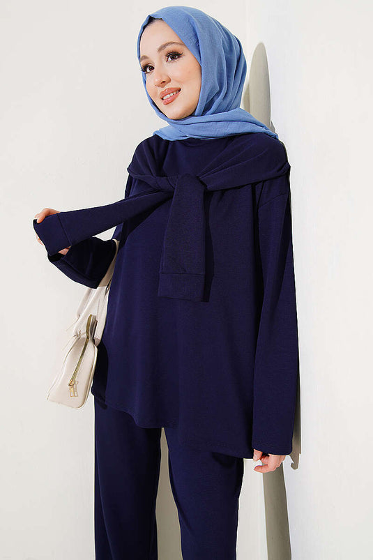 Ensemble double Loyşa avec écharpe à épaulettes bleu marine