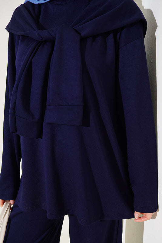 Ensemble double Loyşa avec écharpe à épaulettes bleu marine