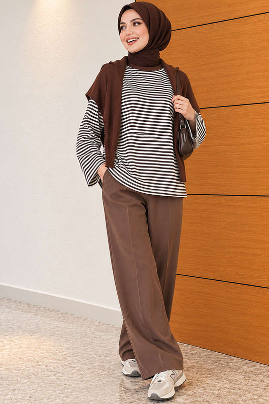 Blouse À Rayures Horizontales Et Épaules En Marron