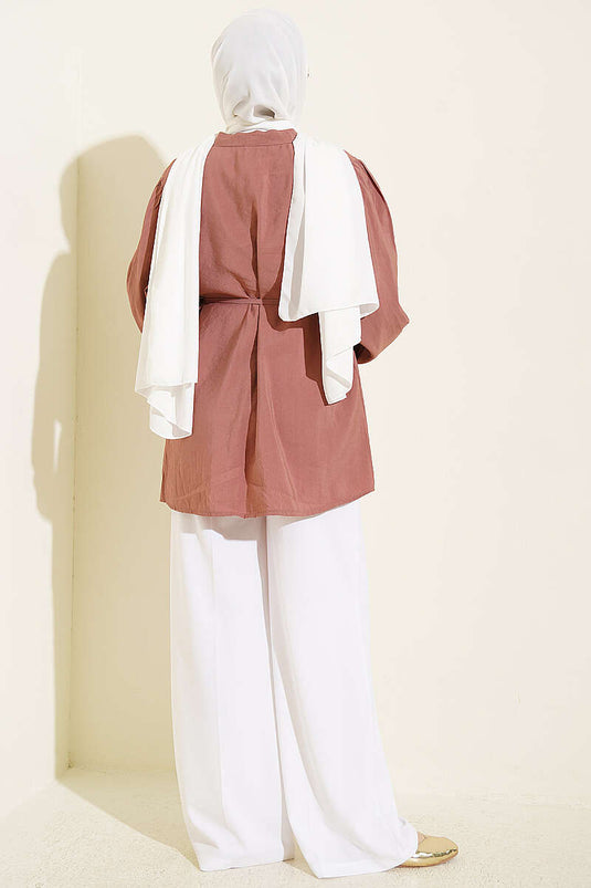 Chemise Rose Pivoine À Épaules Froncées Et Ceinture À Nœud