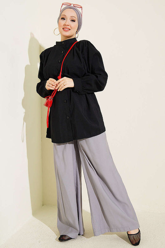 Black Shirt With Shoulder Ruched Detail And Tie Waist